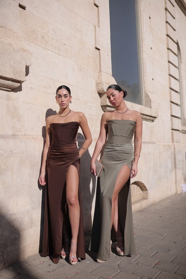 שמלת ערב מקסי רום ירוק זית וחום