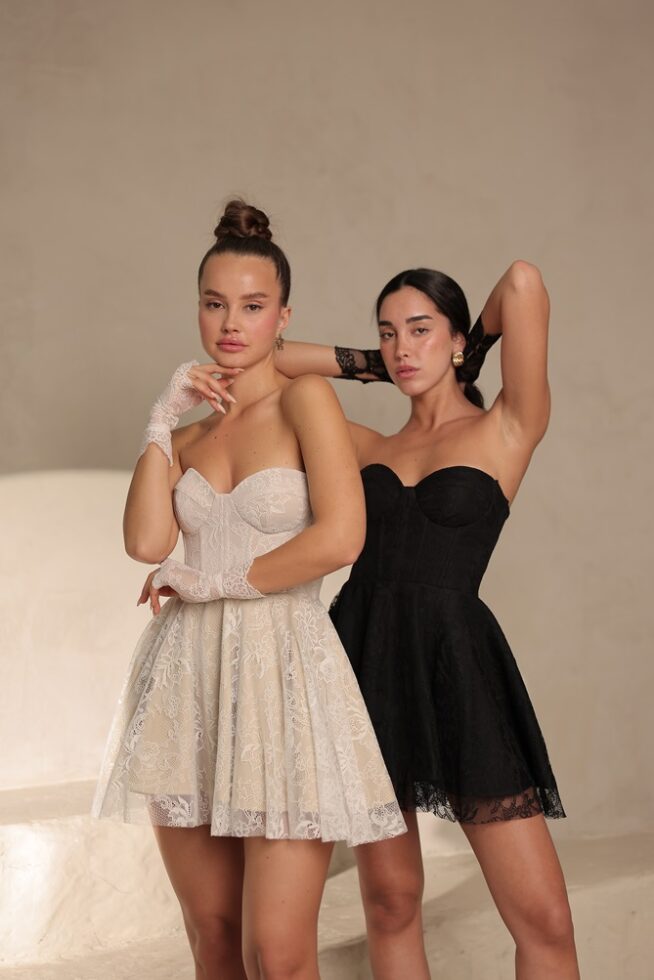 שמלת ערב מיני גרייס גוף לבן ושחור 1