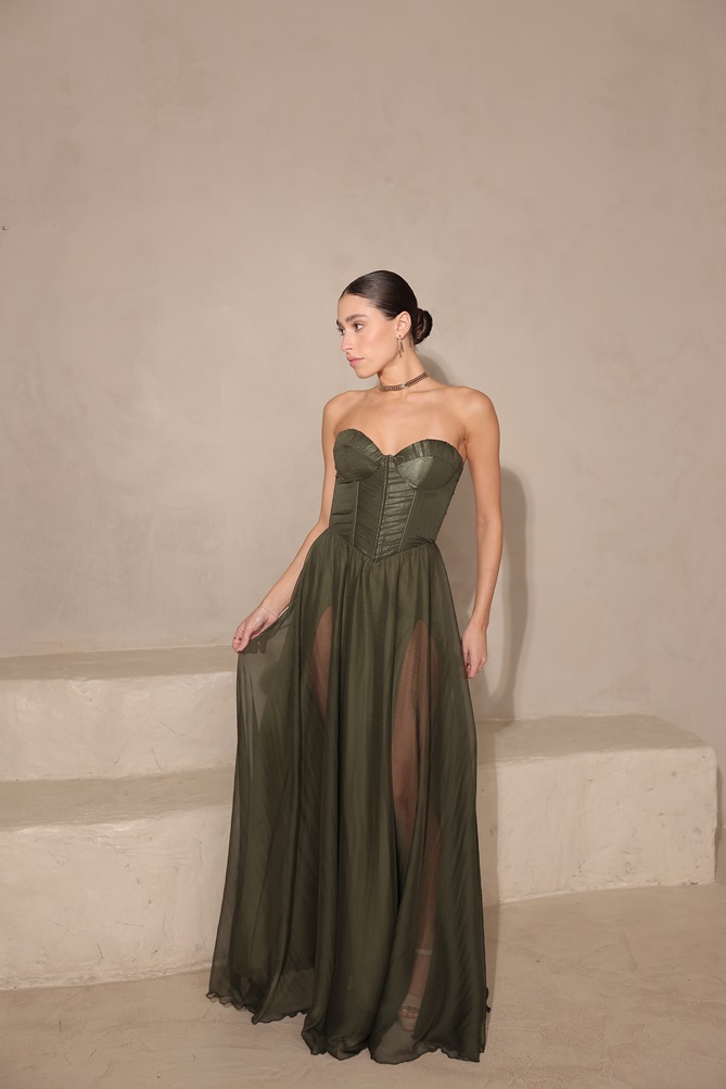 שמלת ערב מקסי דיה ירוק זית 4