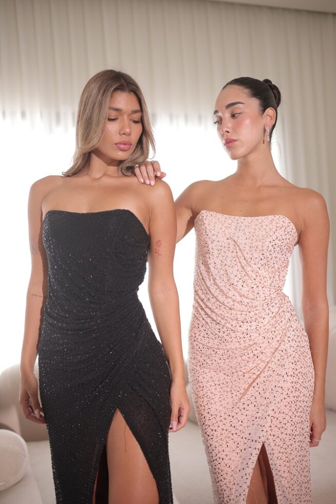 שמלת ערב מקסי תהל ורוד עתיק ושחור 1