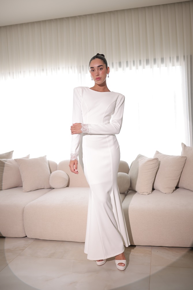 שמלת ערב מקסי צנועה תמרה לבן 3