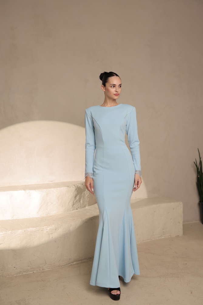 שמלת ערב מקסי צנועה תמרה תכלת 4