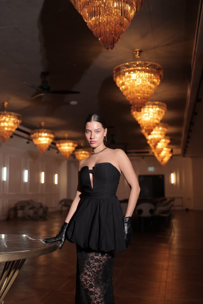 שמלת ערב מקסי שילוב תחרה אגם שחור