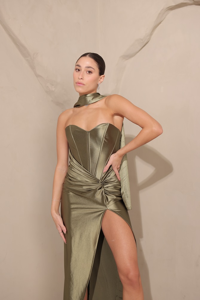 שמלת ערב ברטה ירוק זית 2