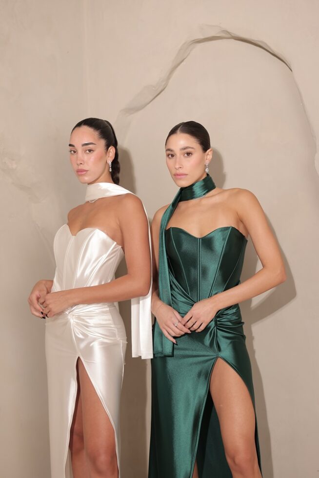 שמלת ערב ברטה לבן וירוק בקבוק 2 שמלת ערב ברטה לבן וירוק בקבוק 2