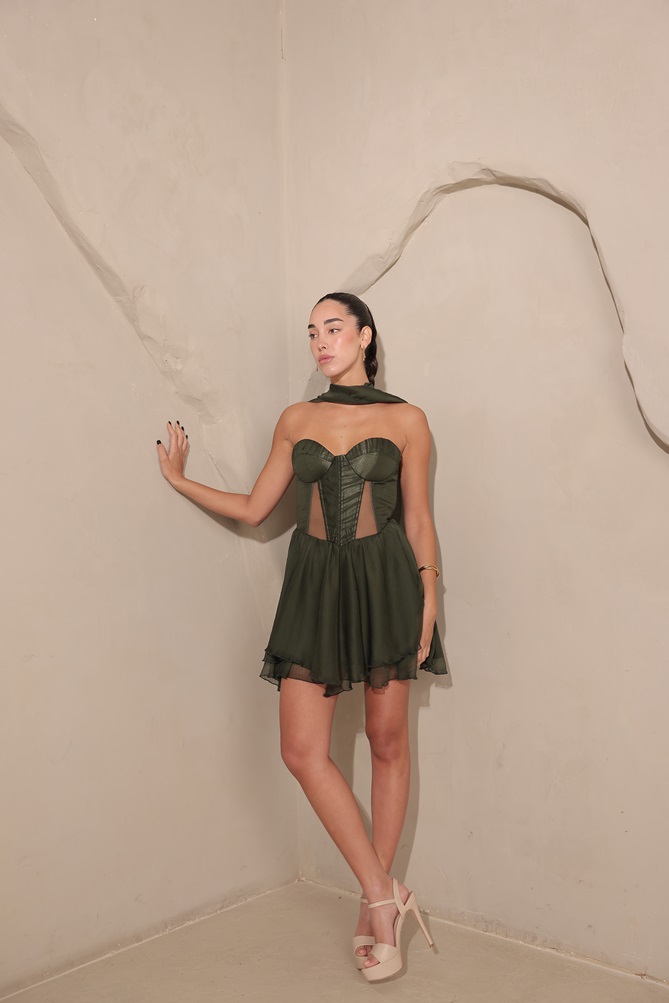 שמלת ערב מיני אריה ירוק זית 1