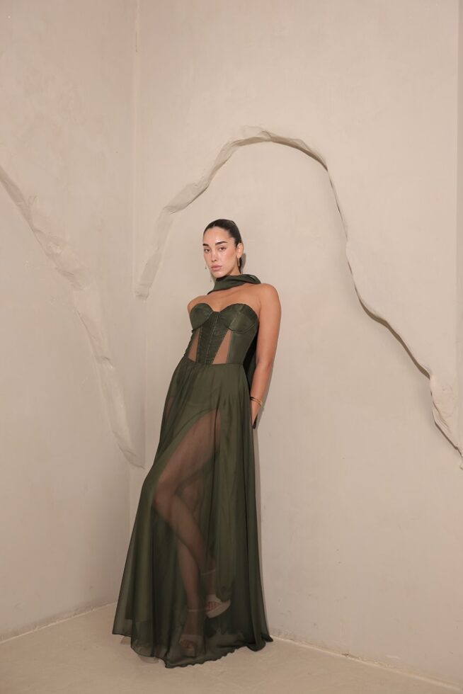 שמלת ערב מקסי אימרי ירוק זית 4