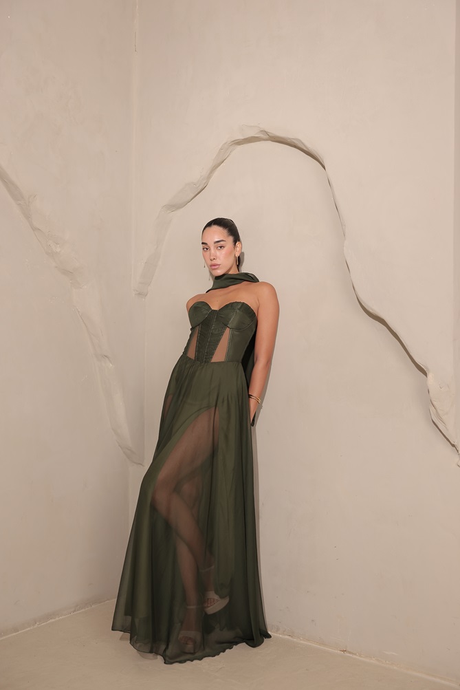 שמלת ערב מקסי אימרי ירוק זית 4