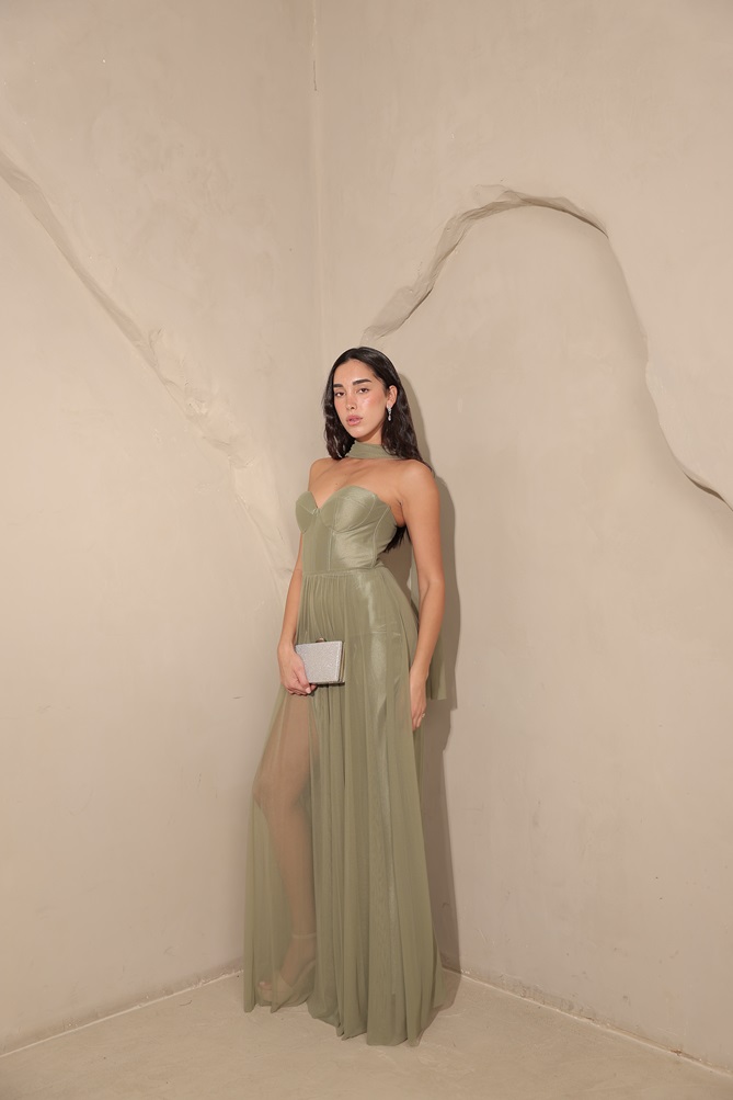 שמלת ערב מקסי ארי ירוק זית 2