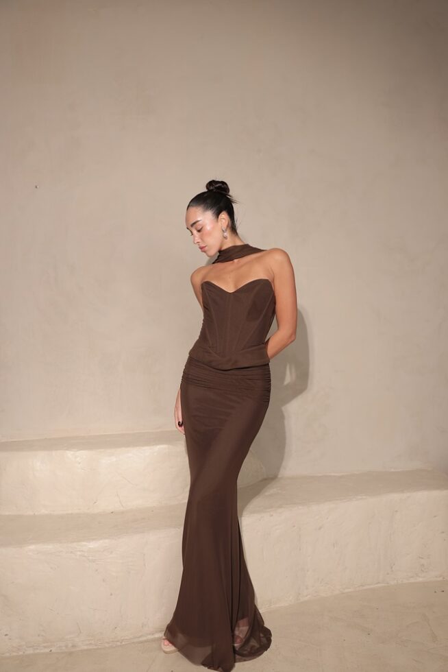 שמלת ערב מקסי לאוני חום 1