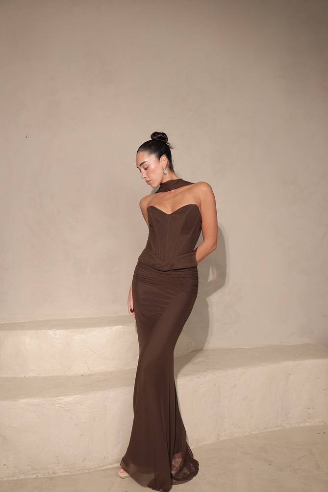 שמלת ערב מקסי לאוני חום 1