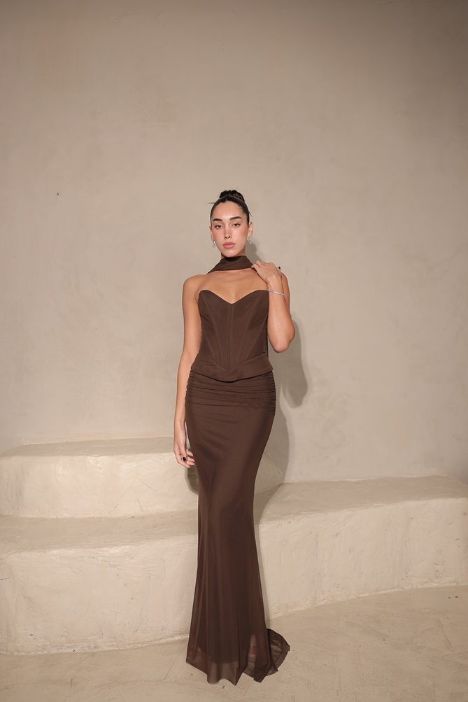 שמלת ערב מקסי לאוני חום 3