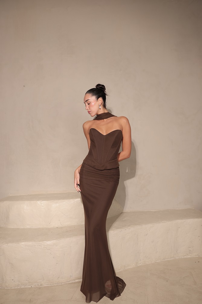 שמלת ערב מקסי לאוני חום 4