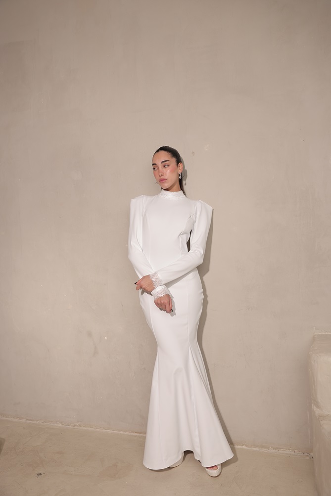 שמלת ערב מקסי צנועה אליה לבן 2