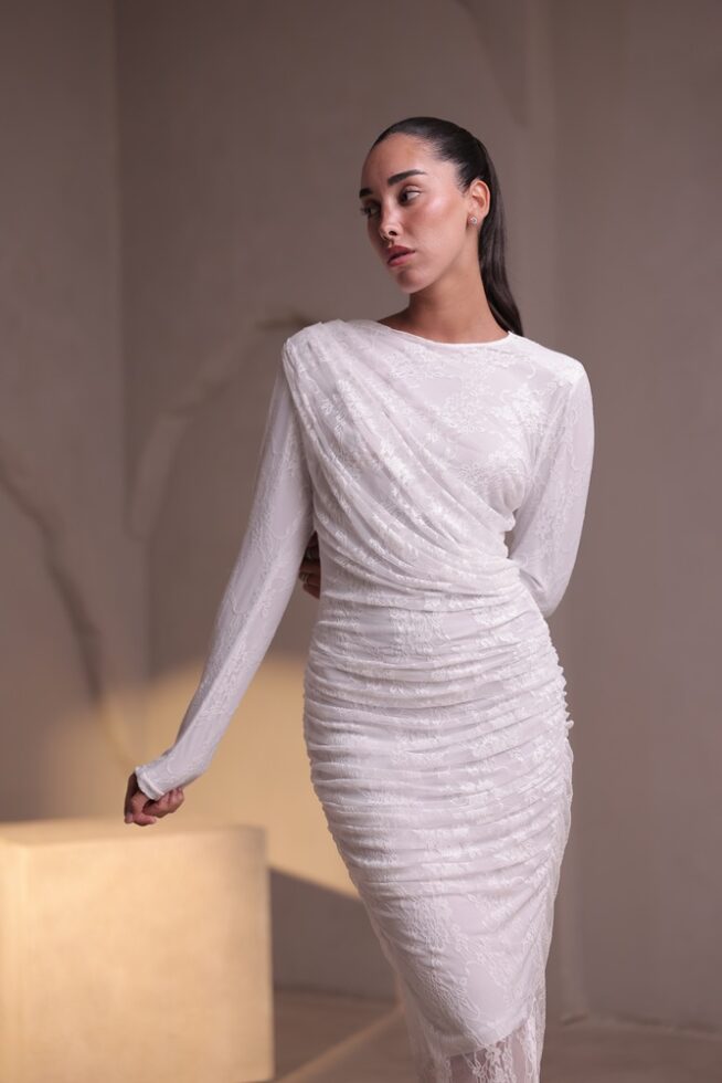 שמלת ערב מידי צנועה ריסל לבן 1