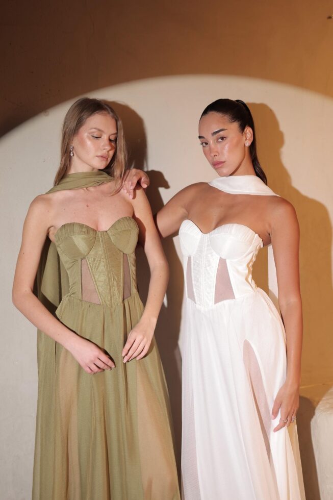 שמלת ערב מקסי אימרי לבן ירוק בהיר