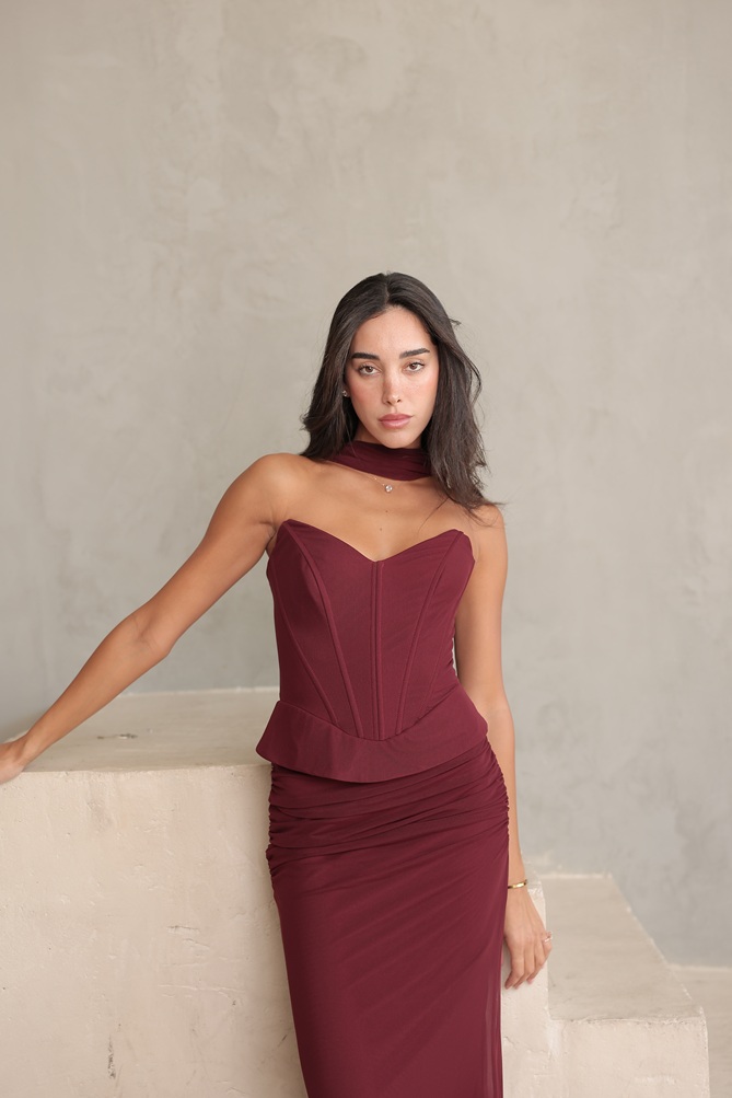 שמלת ערב מקסי לאוני בורדו