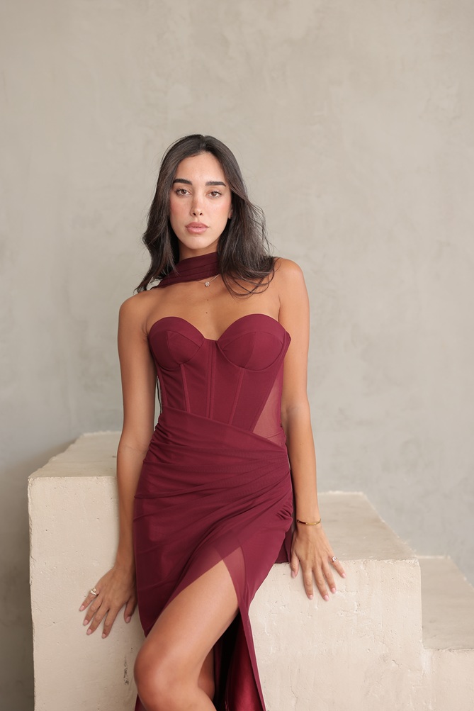שמלת ערב מקסי קורן בורדו 2 שמלת ערב מקסי קורן בורדו 2