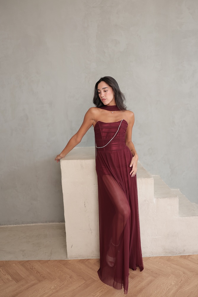 שמלת ערב מקסי שנהב בורדו 3