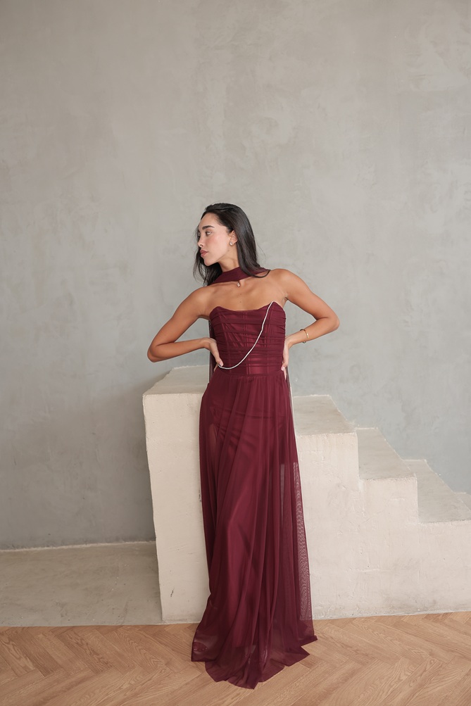 שמלת ערב מקסי שנהב בורדו 4