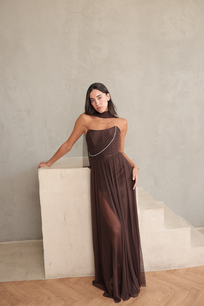 שמלת ערב מקסי שנהב חום 1