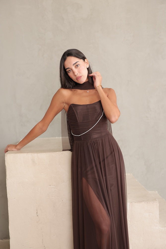 שמלת ערב מקסי שנהב חום 2