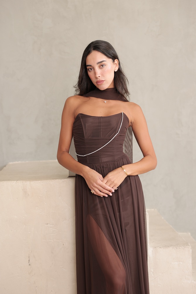 שמלת ערב מקסי שנהב חום 3