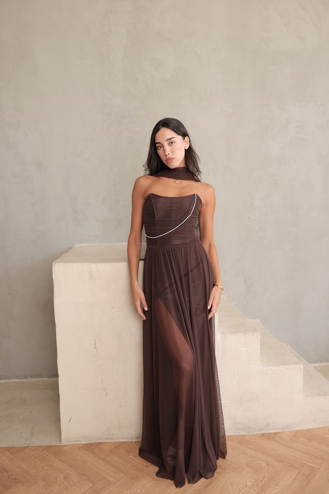 שמלת ערב מקסי שנהב חום 4