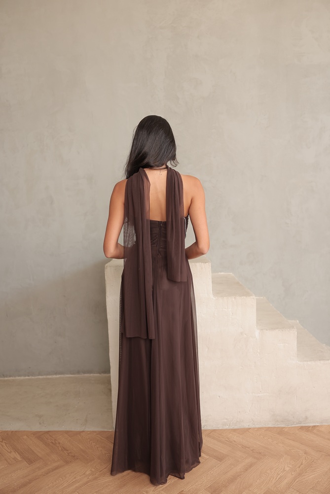 שמלת ערב מקסי שנהב חום