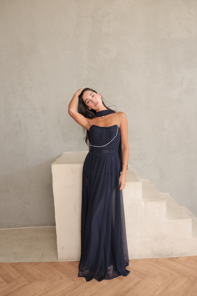 שמלת ערב מקסי שנהב כחול נייבי