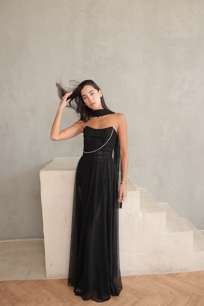 שמלת ערב מקסי שנהב שחור 1