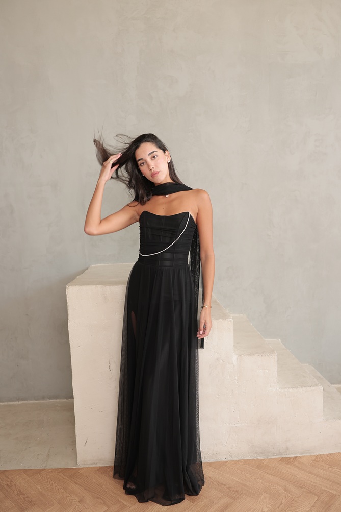 שמלת ערב מקסי שנהב שחור 1