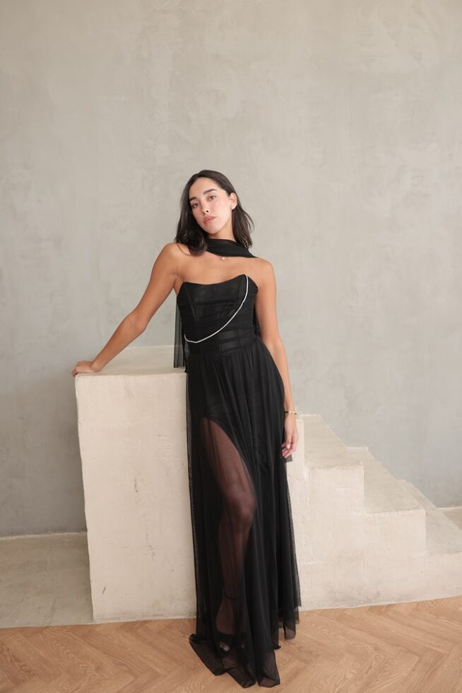 שמלת ערב מקסי שנהב שחור 3