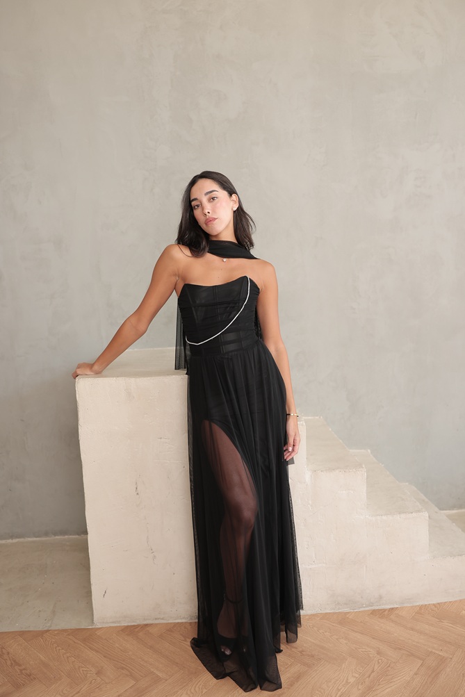 שמלת ערב מקסי שנהב שחור 3