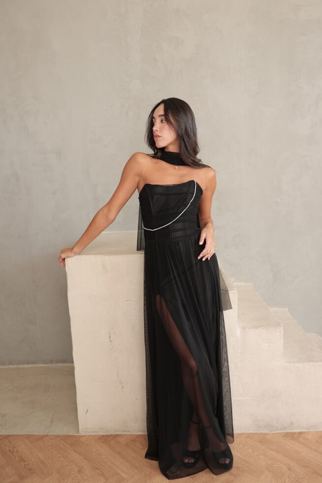 שמלת ערב מקסי שנהב שחור 4