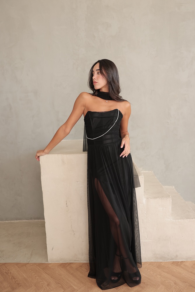 שמלת ערב מקסי שנהב שחור 4
