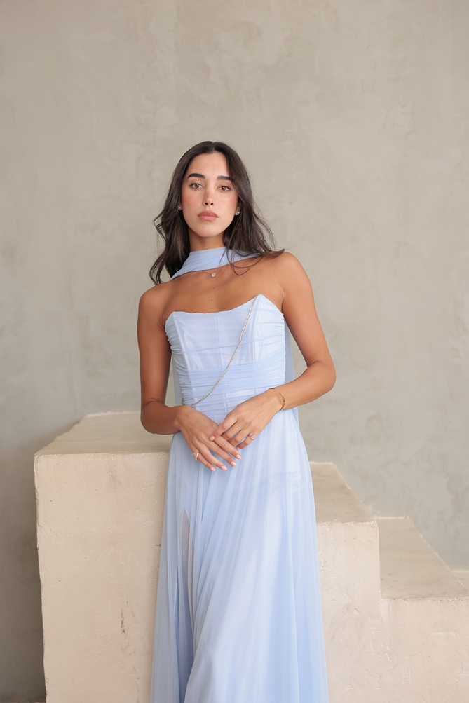 שמלת ערב מקסי שנהב תכלת 1