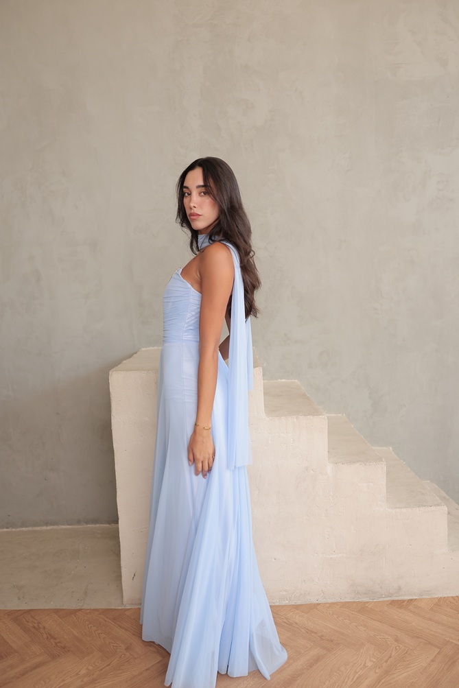 שמלת ערב מקסי שנהב תכלת