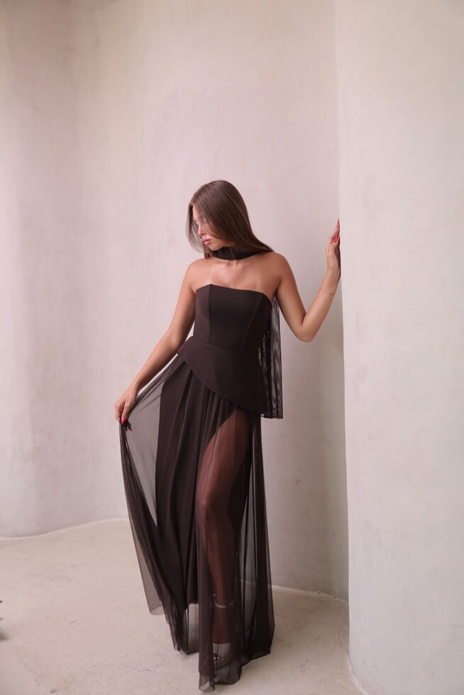 שמלת ערב מקסי אקווה חום 1