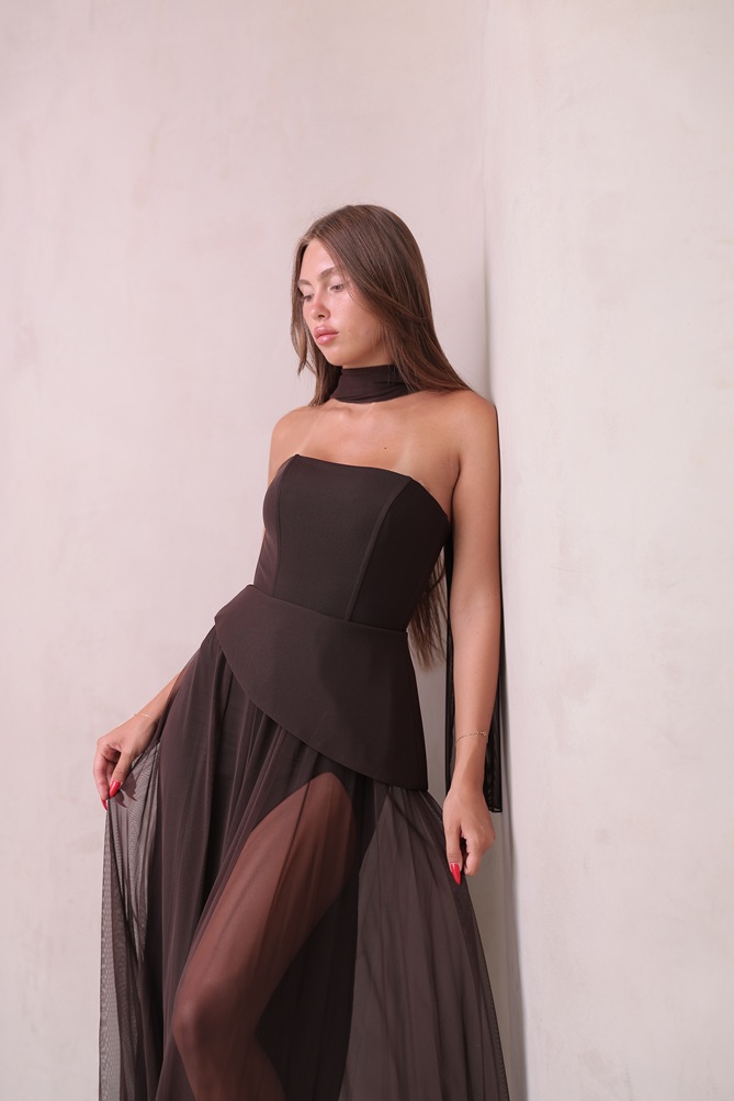 שמלת ערב מקסי אקווה חום 3