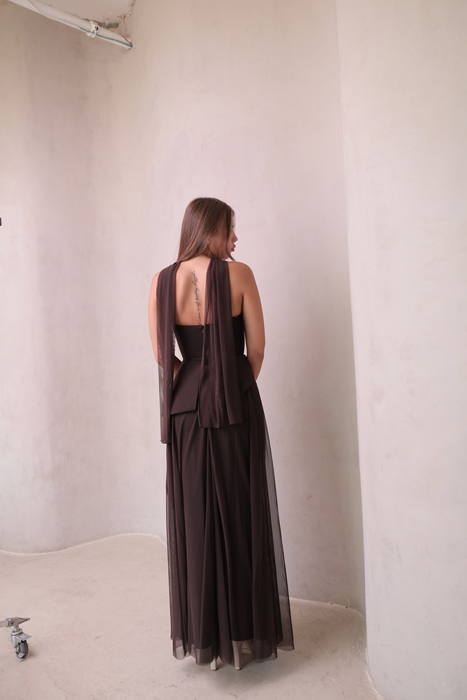 שמלת ערב מקסי אקווה חום