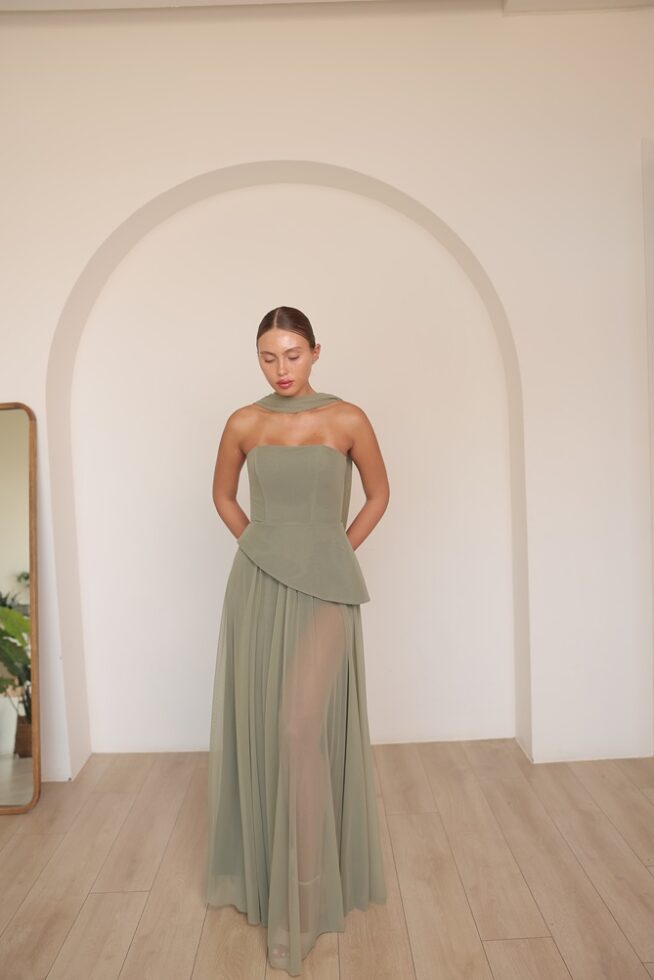 שמלת ערב מקסי אקווה ירוק זית 2