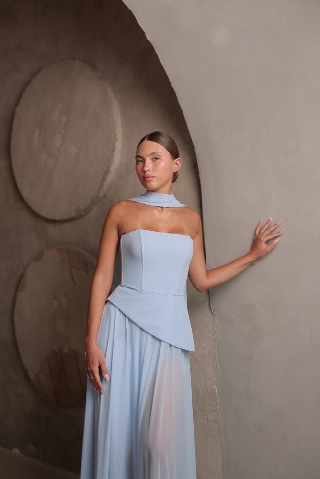 שמלת ערב מקסי אקווה תכלת 1