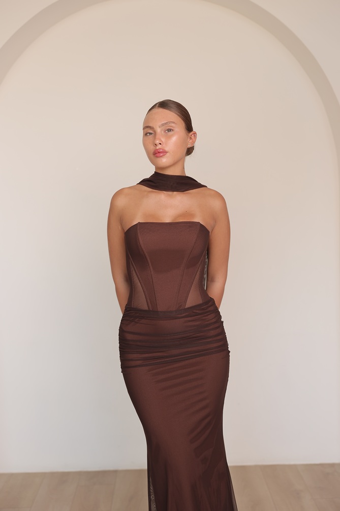 שמלת ערב מקסי ליס חום 2 שמלת ערב מקסי ליס חום 2