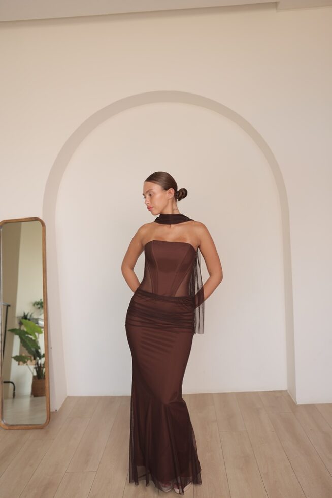 שמלת ערב מקסי ליס חום 3