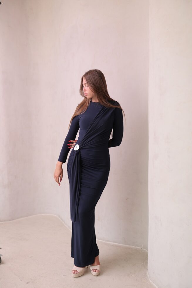 שמלת ערב מקסי צנועה מילה כחול נייבי 4