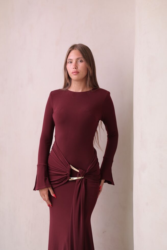 שמלת ערב צנועה לורין בורדו 3