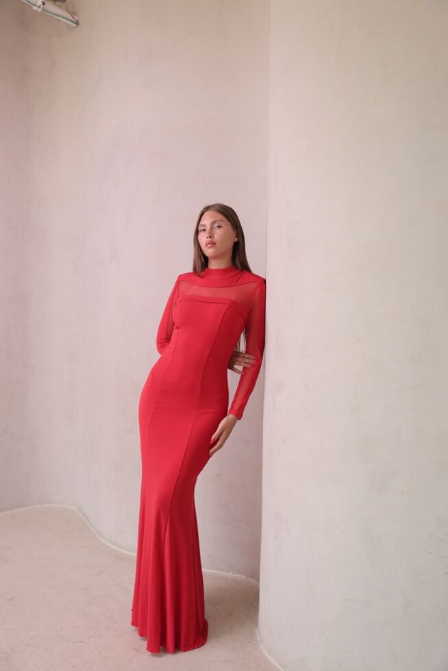שמלת ערב צנועה רייב אדום 3