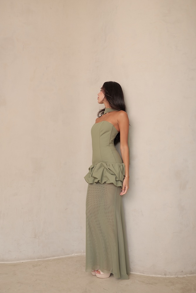 שמלת ערב מקסי תיאה ירוק זית 3