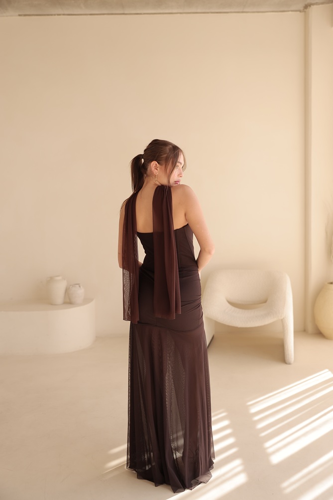 שמלת ערב מקסי אמרה חום 1